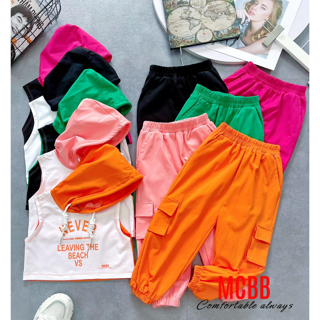 MCBB 9-24Kg 100% Cotton Đồ Bộ Bé Gái Áo Ba Lỗ Bé Gái Áo Hoodie Có Nón Quần Jogger Dài Túi Hộp Sát Nách Quần Áo Trẻ Em Nữ