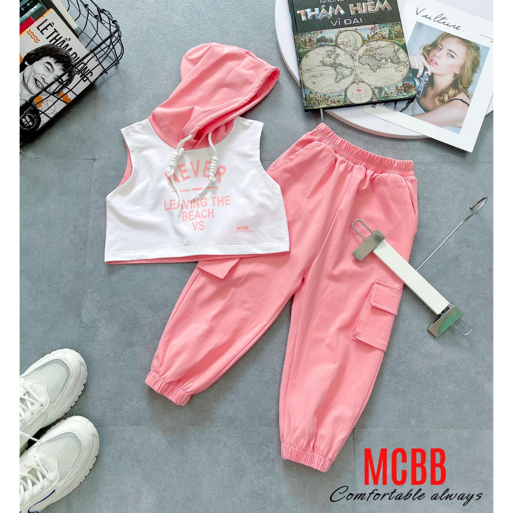 MCBB 9-24Kg 100% Cotton Đồ Bộ Bé Gái Áo Ba Lỗ Bé Gái Áo Hoodie Có Nón Quần Jogger Dài Túi Hộp Sát Nách Quần Áo Trẻ Em Nữ