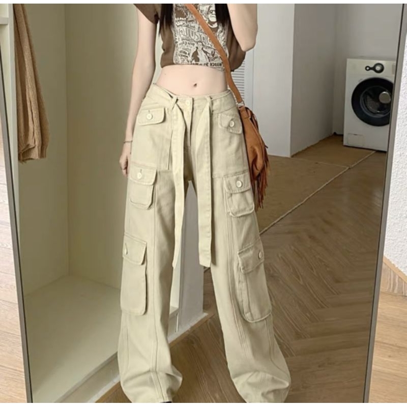 Quần kaki túi hộp Hiphop ống rộng xuông dài cargo pants trơn thời trang cho nữ/nam  -hình thật