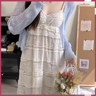 Đầm 2 Dây Maxi Thêu Ren Lưới Nổi Thổ Cẩm Nhún Bèo Cao Cấp