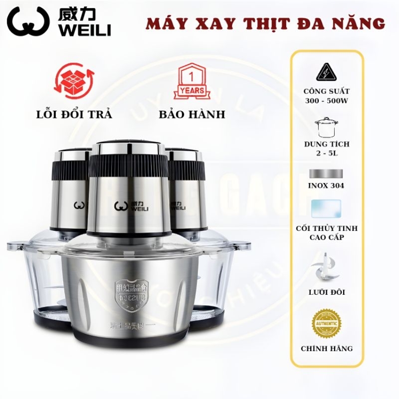 Máy xay thịt WEILI 2L - 3L - 5L, công suất 300 - 500W, cối bằng thủy tinh và thép không gỉ [BH 1 NĂM]