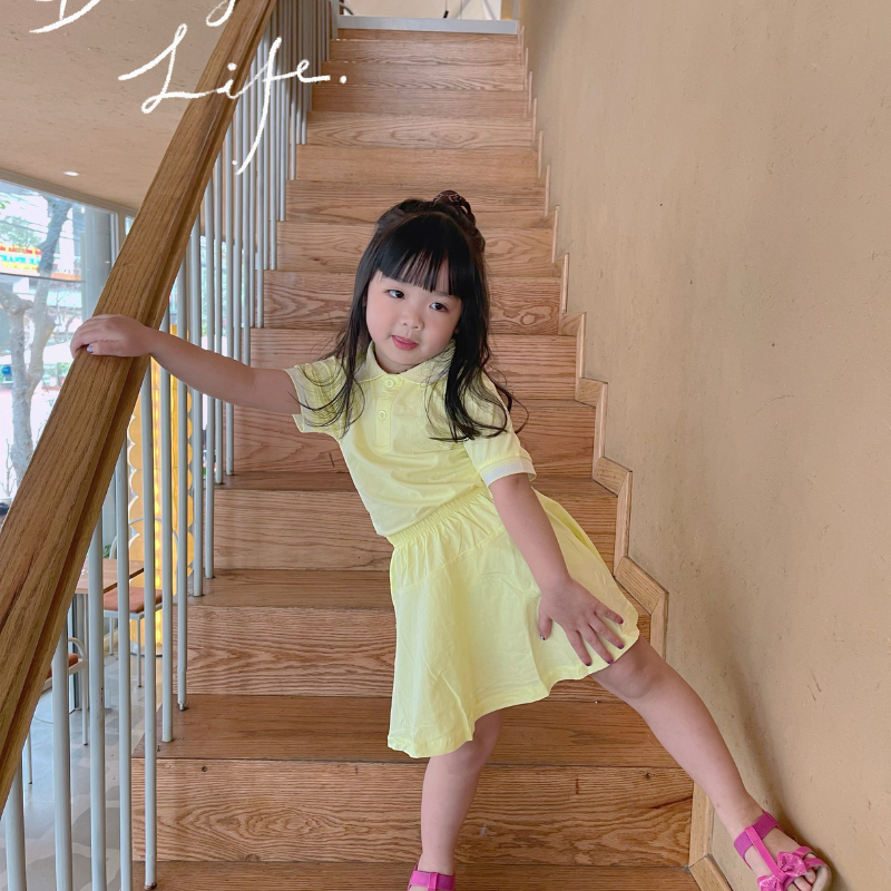 Váy Polo Cho Bé Gái Đi Học 8kg - 23kg, Váy có cổ cho bé Cotton Siêu Mát Lạnh Họa Tiết Thêu Cỏ Viền Trơn Mã 2