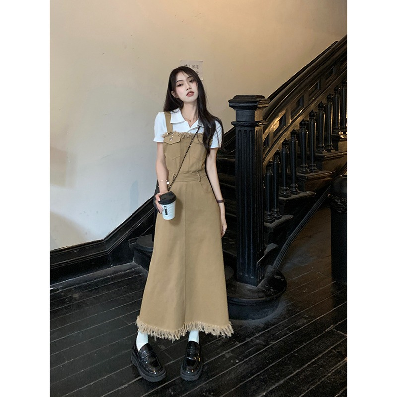 Set Đồ Nữ Váy Yếm Đầm 2 Dây Denim Dáng Dài Có Tua Rua, Áo Polo Nữ Ngắn Tay Phong Cách Retro Bộ Đồ Nữ Đi Chơi SD285