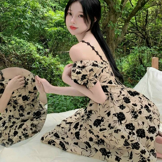 Đầm hoa đen dây đính hoa mặc 2 kiểu phong cách vintage tiểu thư nhẹ nhàng (có mút sẵn) NHƯ Ý