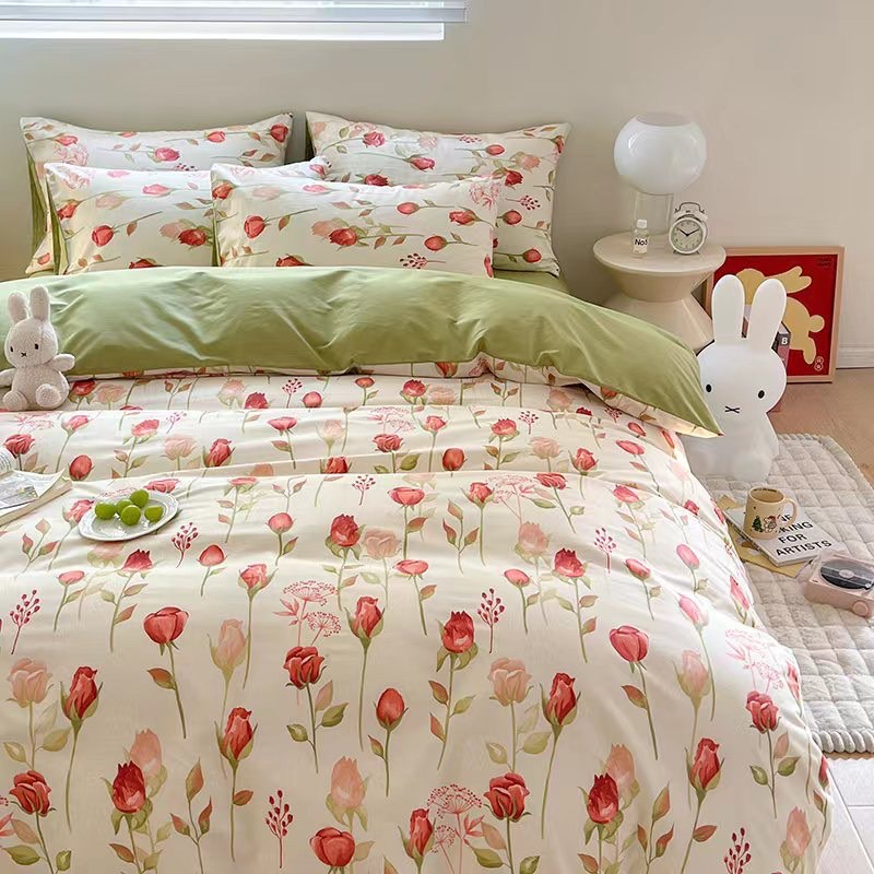Bộ chăn ga gối cotton organic nhập khẩu Hoa tuylip đỏ Dreamhome