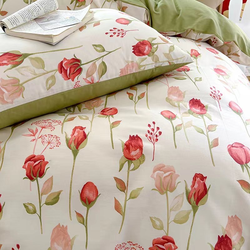 Bộ chăn ga gối cotton organic nhập khẩu Hoa tuylip đỏ Dreamhome