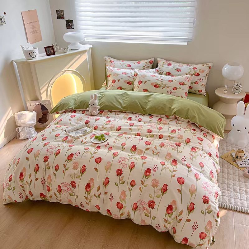Bộ chăn ga gối cotton organic nhập khẩu Hoa tuylip đỏ Dreamhome