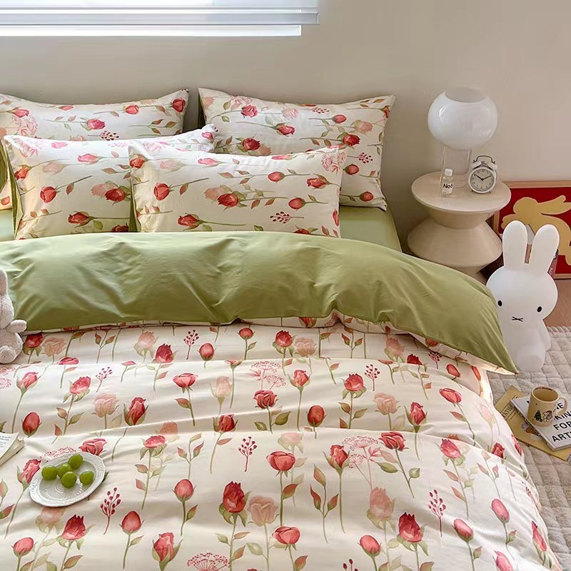 Bộ chăn ga gối cotton organic nhập khẩu Hoa tuylip đỏ Dreamhome