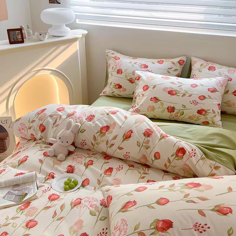 Bộ chăn ga gối cotton organic nhập khẩu Hoa tuylip đỏ Dreamhome