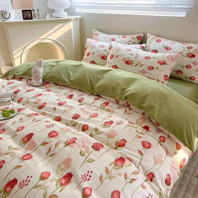 Bộ chăn ga gối cotton organic nhập khẩu Hoa tuylip đỏ Dreamhome