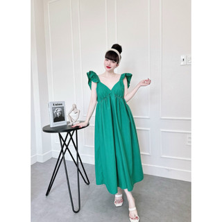 Váy babydoll dập ly thiết kế cổ chữ V thắt dây dáng suông dài chất lụa mềm, Váy suông dáng dài cổ V nơ thắt lưng xếp ly