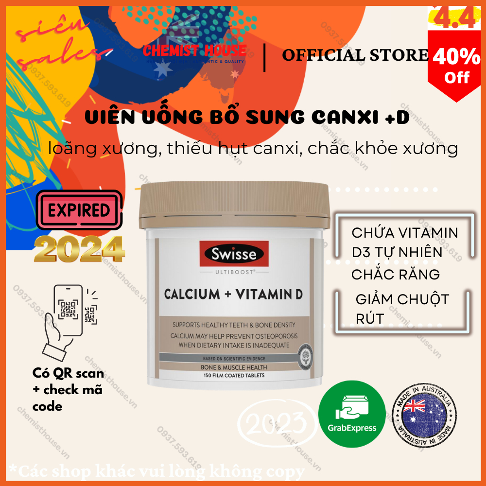 Viên uống hỗ trợ xương chắc khỏe loãng xương bổ sung canxi Úc Swisse Ultiboost Calcium + Vitamin D HSD Xa