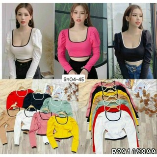 Áo thun tay dài croptop cổ vuông phối viền siêu hot(A15