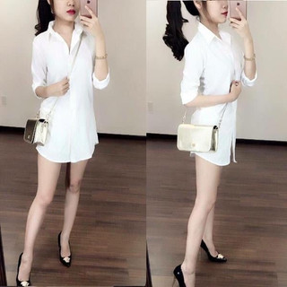 Áo sơ mi nữ trắng dáng dài giấu quần