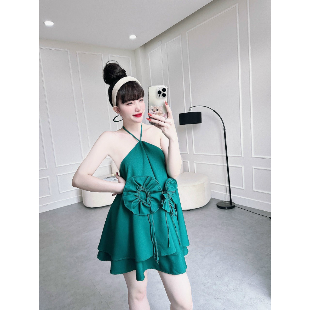 Set yếm thời trang nữ chất cotton lạnh có nơ trước và phía sau hở lưng kèm quần đùi, Set bộ đùi babydoll cổ yếm dây phối