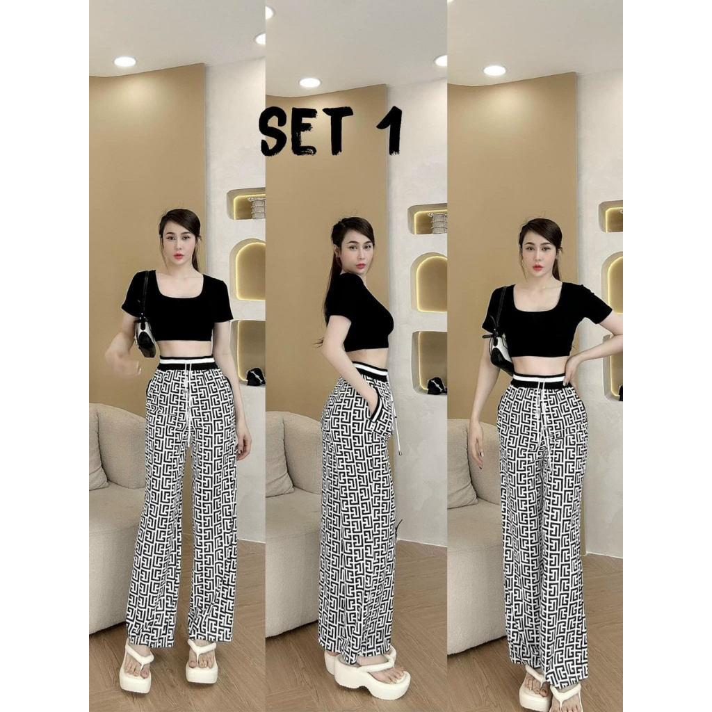 [New Sales 2024] Set bộ quần ống rộng họa tiết in 3D áo kiểu croptop cổ vuông chất thun gân