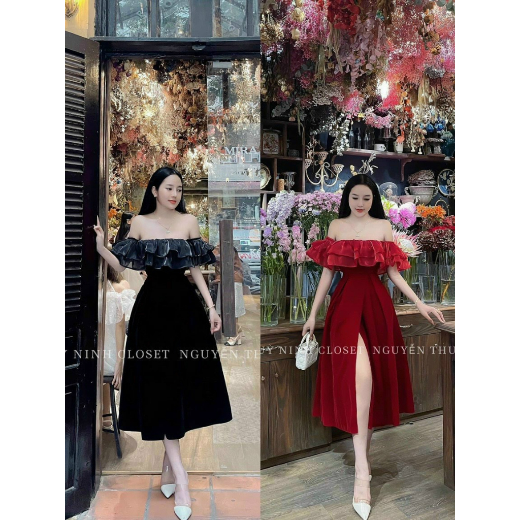 Đầm nữ trễ vai bèo tầng dáng midi sẻ tà vải nhung 2 màu đen đỏ sang trọng