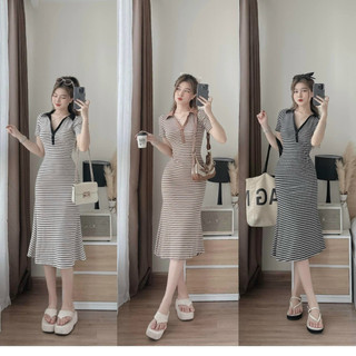 Đầm váy nữ body cổ bẻ cài nút đuôi cá gân sọc ngang