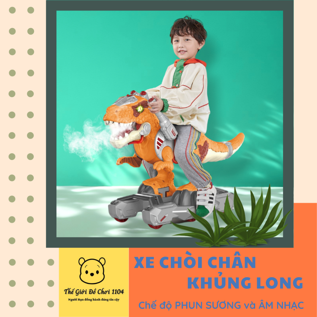 Xe chòi chân khủng long 6 bánh tự cân bằng cho bé 3 tuổi với chế độ phun sương, có đèn và nhạc