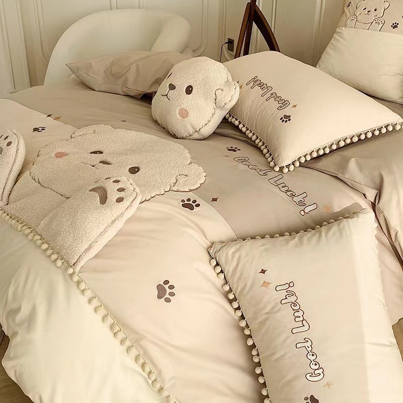 Bộ Chăn Ga Gối Cotton Linen Gấu Teddy Nâu Be  Luna Bedding