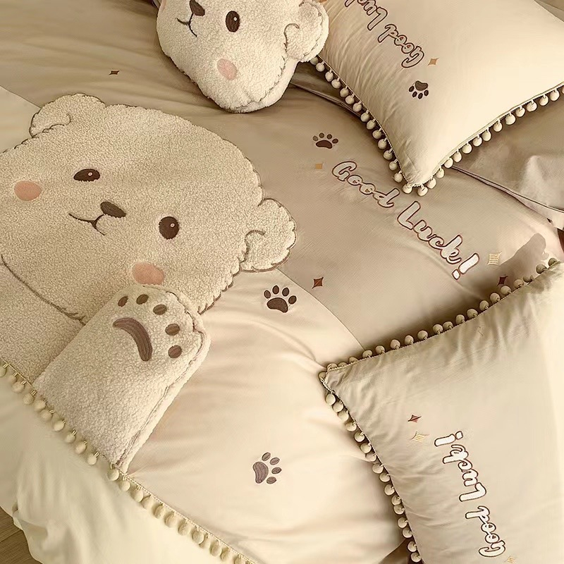 Bộ Chăn Ga Gối Cotton Linen Gấu Teddy Nâu Be  Luna Bedding