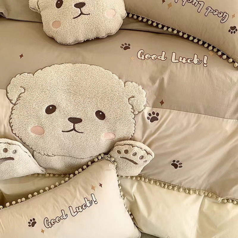 Bộ Chăn Ga Gối Cotton Linen Gấu Teddy Nâu Be  Luna Bedding