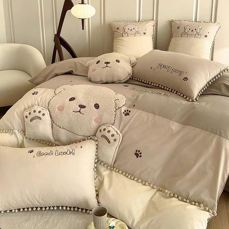 Bộ Chăn Ga Gối Cotton Linen Gấu Teddy Nâu Be  Luna Bedding