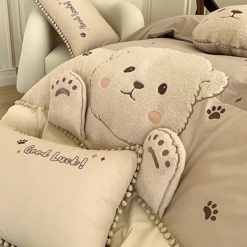 Bộ Chăn Ga Gối Cotton Linen Gấu Teddy Nâu Be  Luna Bedding