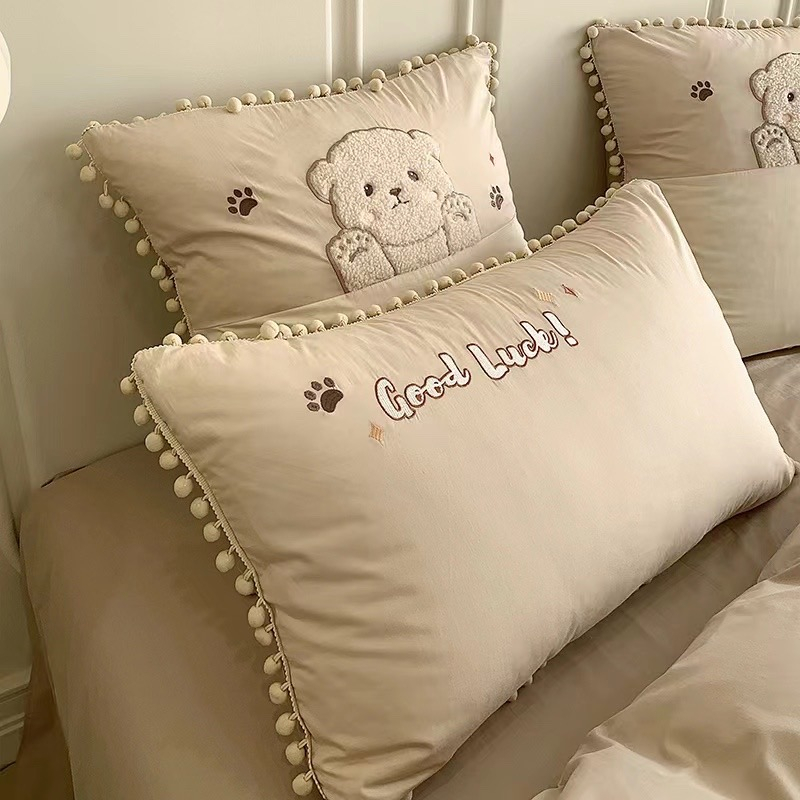 Bộ Chăn Ga Gối Cotton Linen Gấu Teddy Nâu Be  Luna Bedding