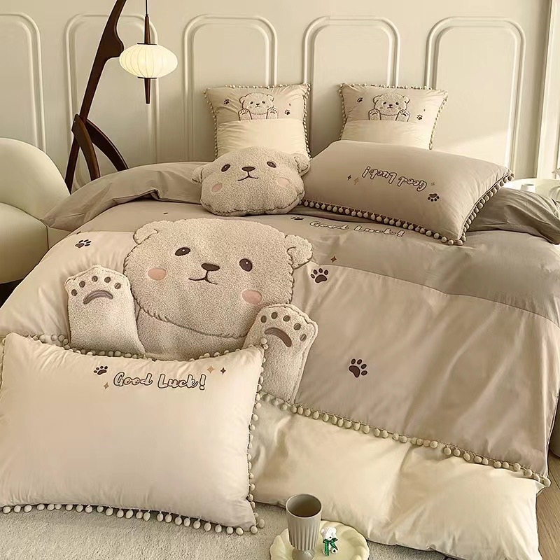Bộ Chăn Ga Gối Cotton Linen Gấu Teddy Nâu Be  Luna Bedding