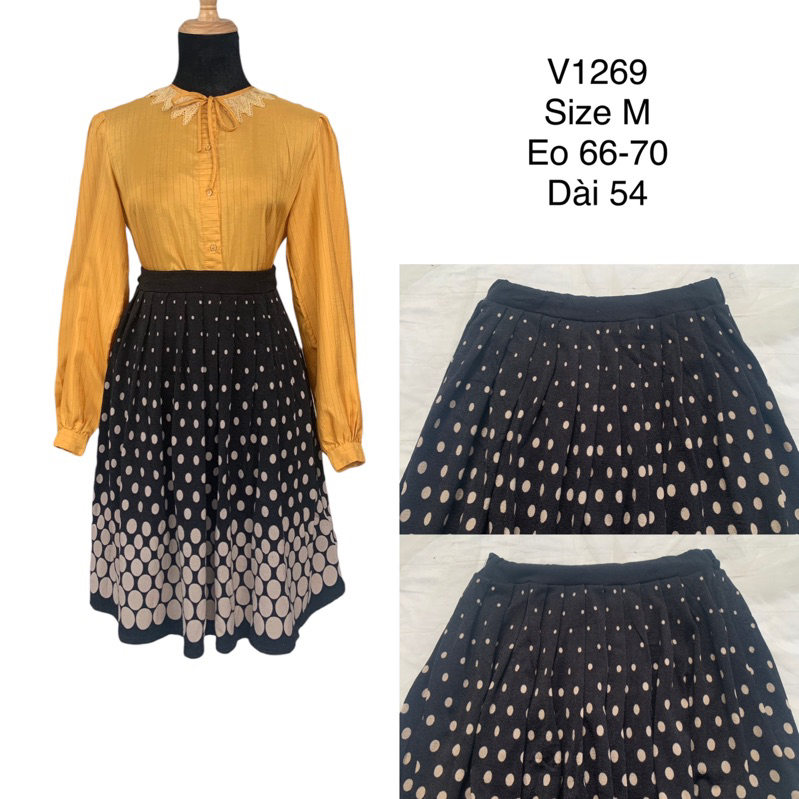 Chân váy xoè V1269 kiểu xếp ly hoạ tiết chấm bi cạp chun co giãn chất thun len 2hand Nhật si tuyển ảnh thật