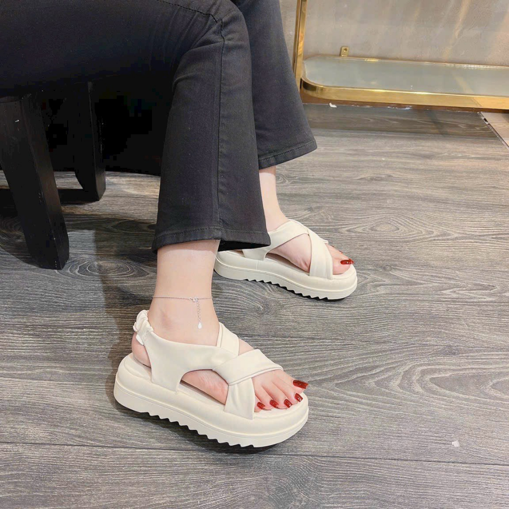 Dép Sandal nữ quai xoắn da mềm đế răng cưa siêu êm cao 4PH thích hợp đi học, đi chơi