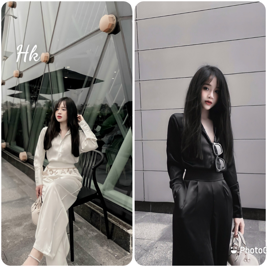 Set áo sơ mi lụa nữ kèm quần suông ống rộng tiểu thư bánh bèo đi tiệc cưới