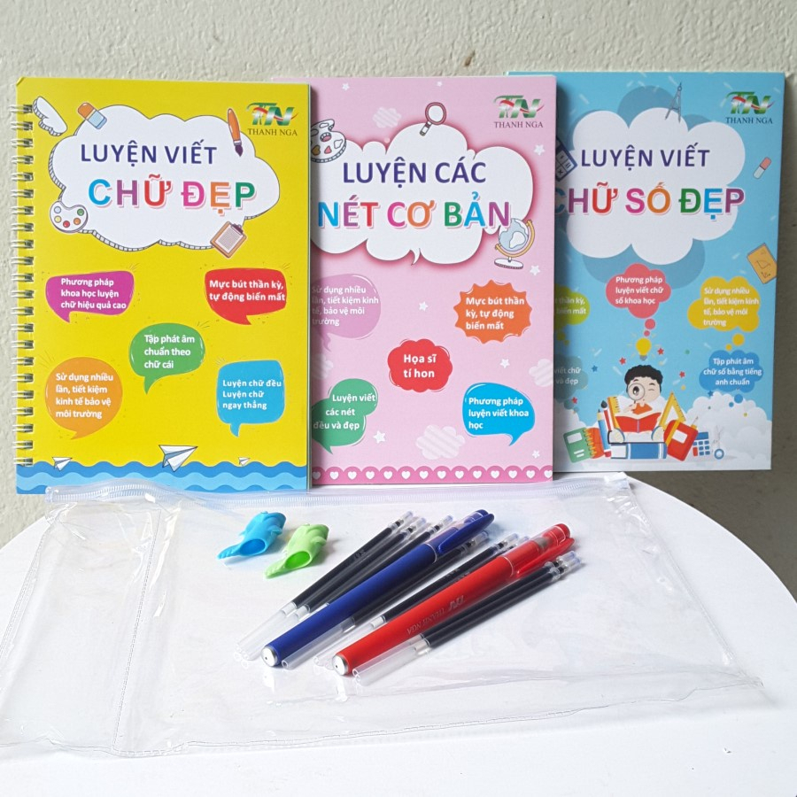 Combo 3 tập viết NÉT LÕM kèm bút tự bay mực cho bé (1bút +6ngòi +2 định vị cầm bút) TẶNG CHUN buộc tóc