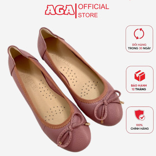 Giày búp bê nữ da thật êm chân mũi tròn gắn nơ aga a07