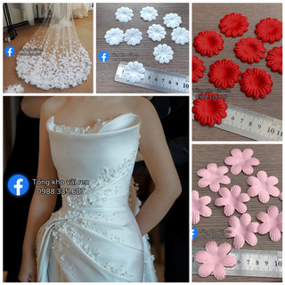 Hoa cánh lụa đính áo váy,voan cài đầu cô dâu