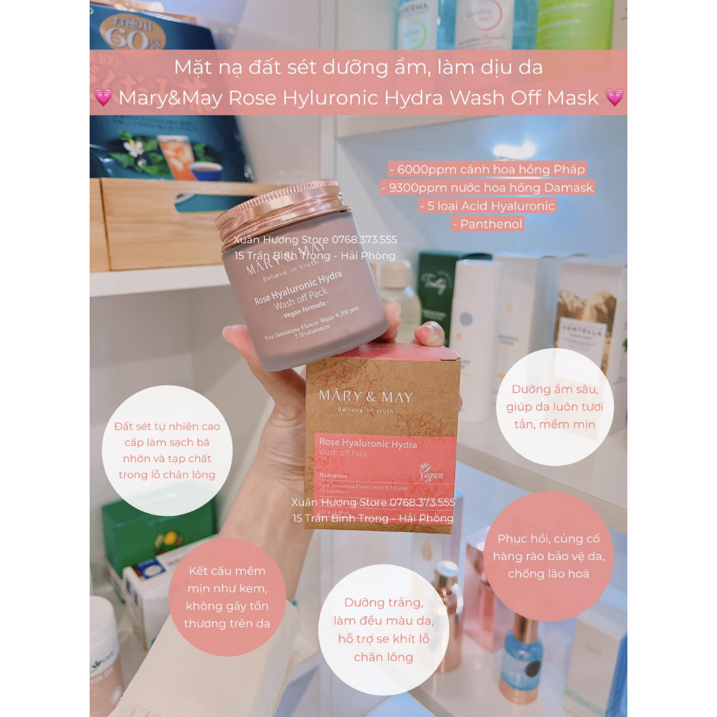Mặt nạ đất sét dưỡng ẩm làm dịu da chiết xuất hoa hồng Mary&May Rose Hyaluronic Hydra Wash Off Mask