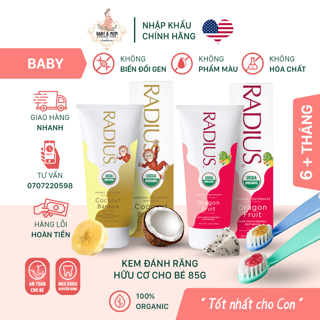 Kem Đánh Răng Hữu Cơ Cho Bé vị Chuối Dừa Radius 85g