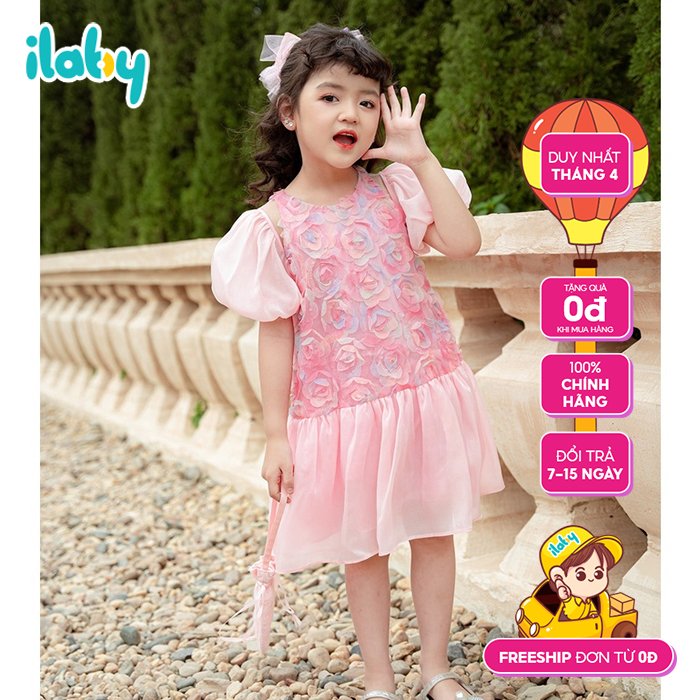 Váy hoa công chúa bé gái ILABY 3D cutout vai chất liệu ren tơ ánh cao cấp cho bé 2-11 tuổi [10IG1580B3DL]