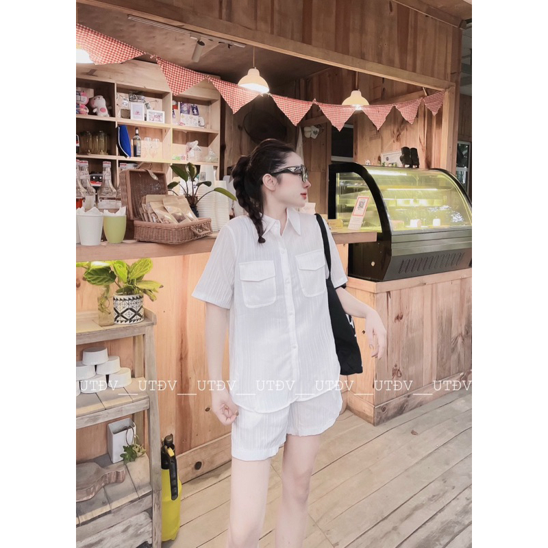 Set Bộ Sơ Mi Áo Cộc Quần Đùi Chất Đũi Gân Túi Hộp Mã QO068