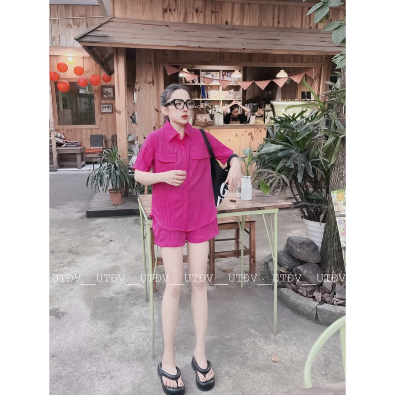 Set Bộ Sơ Mi Áo Cộc Quần Đùi Chất Đũi Gân Túi Hộp Mã QO068