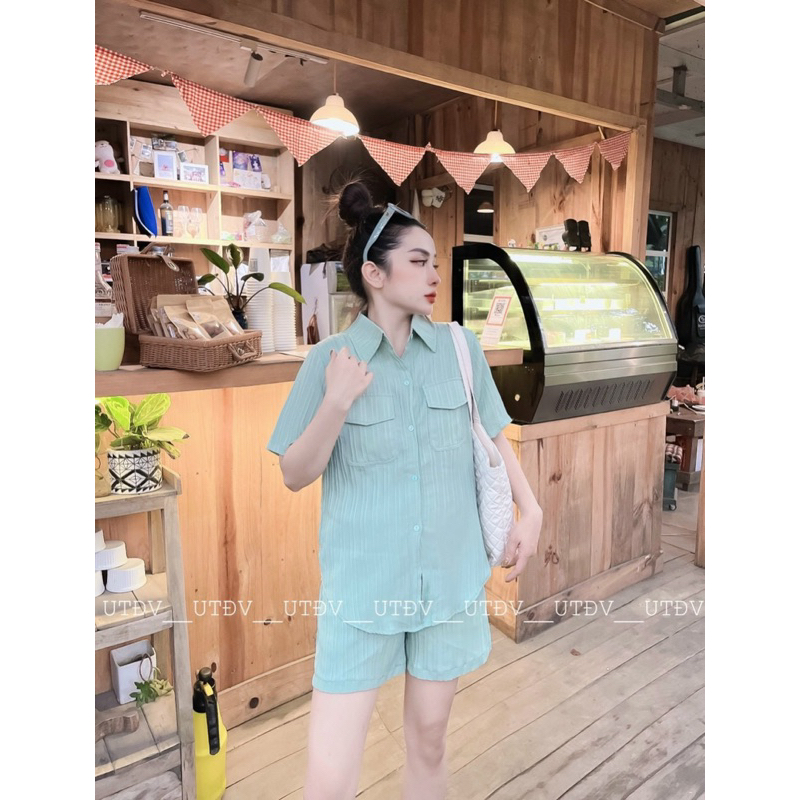 Set Bộ Sơ Mi Áo Cộc Quần Đùi Chất Đũi Gân Túi Hộp Mã QO068