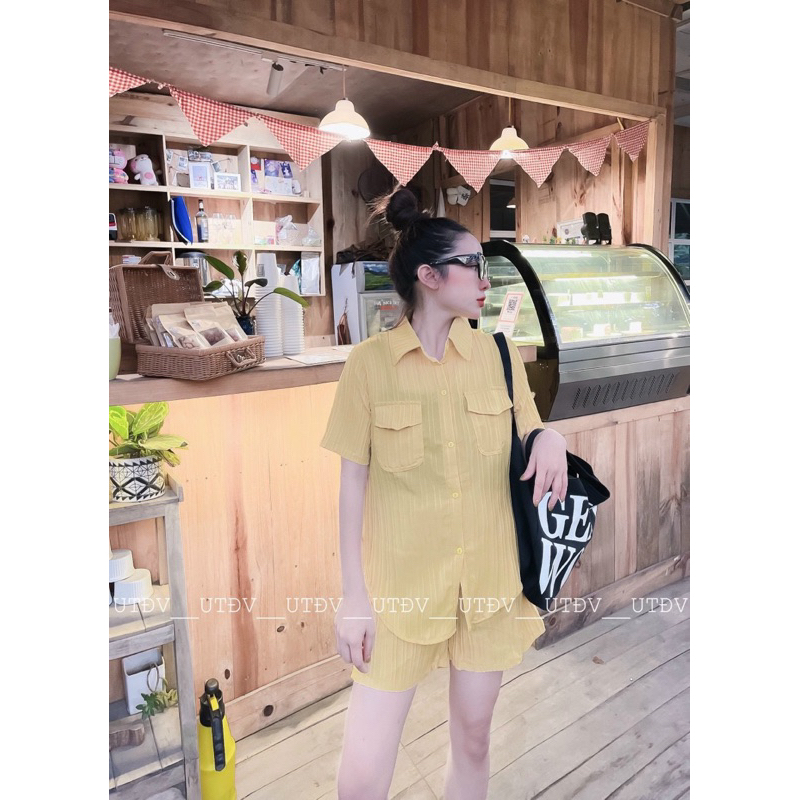 Set Bộ Sơ Mi Áo Cộc Quần Đùi Chất Đũi Gân Túi Hộp Mã QO068