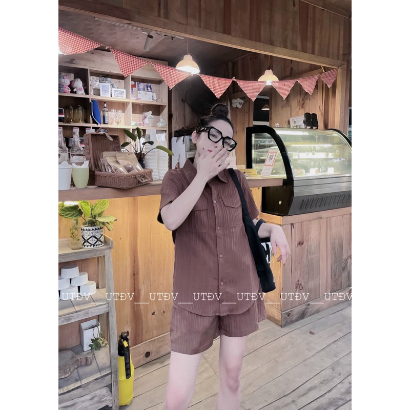 Set Bộ Sơ Mi Áo Cộc Quần Đùi Chất Đũi Gân Túi Hộp Mã QO068