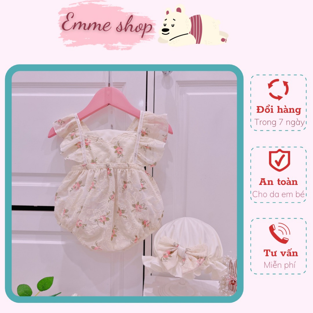 Body cho bé gái sơ sinh đầy tháng, tặng kèm mũ, body thô boi in hoa nổi xinh xắn cho bé 0-12kg