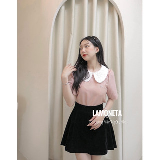 Áo tafta đũi hồng cổ ren trắng by La Moneta