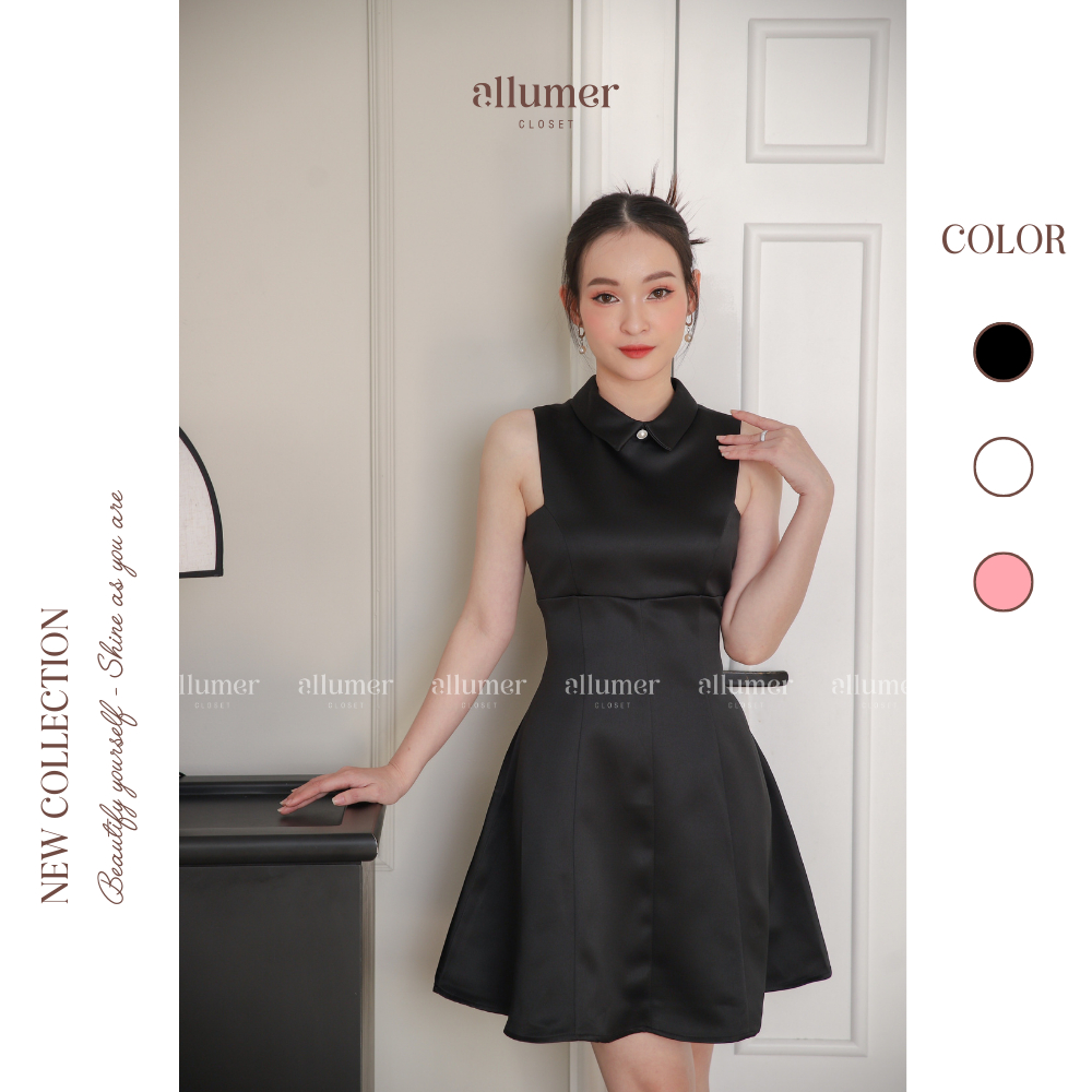 Đầm nữ kiểu polo không tay Allumer Closet vải phi 2 da đứng form tôn dáng, nữ tính, thanh lịch có 3 màu: Trắng, Đen,Hồng