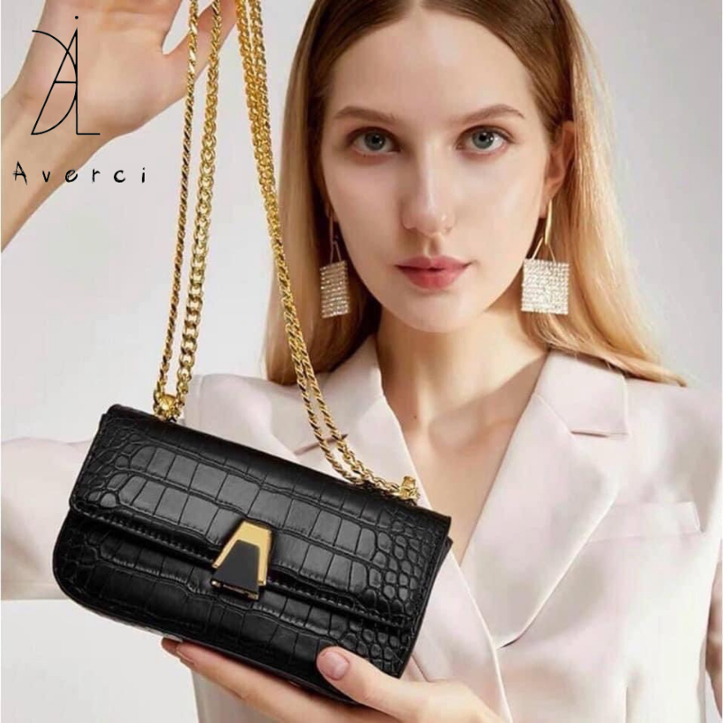 Túi Xách Nữ AVERCI, Túi Đeo Chéo Da Sần Hai Màu Đen Trắng Size 20cm Ảnh Thật Full Box, AVC323358