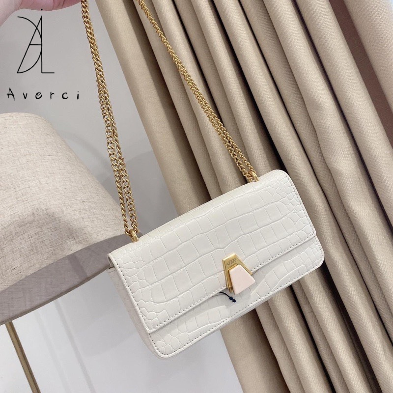 Túi Xách Nữ AVERCI, Túi Đeo Chéo Da Sần Hai Màu Đen Trắng Size 20cm Ảnh Thật Full Box, AVC323358