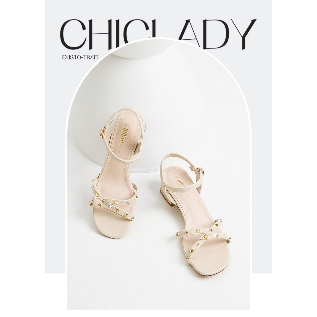 Giày sandal Dusto chính hãng gót vuông 5cm quai dây kèm tán đinh